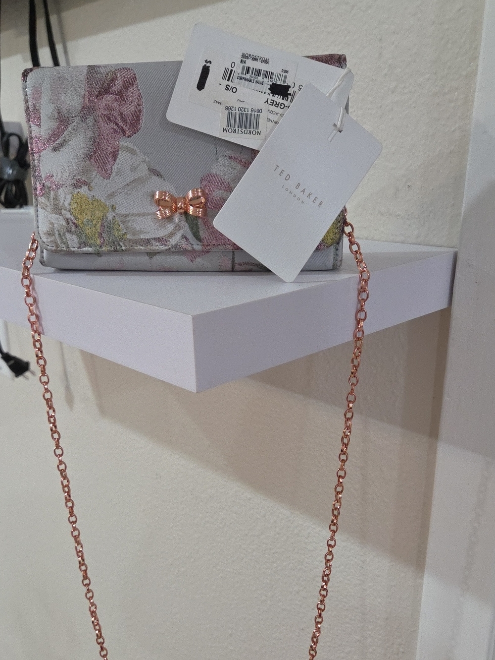 Ted Baker Floral Crossbody in Light Gray with Rose Gold Chain